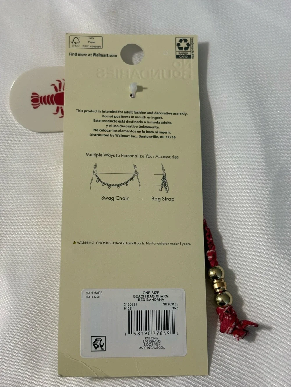 No Boundaries Women's Beach Bag Charm Red Bandana Lobster Charm key chain NWT